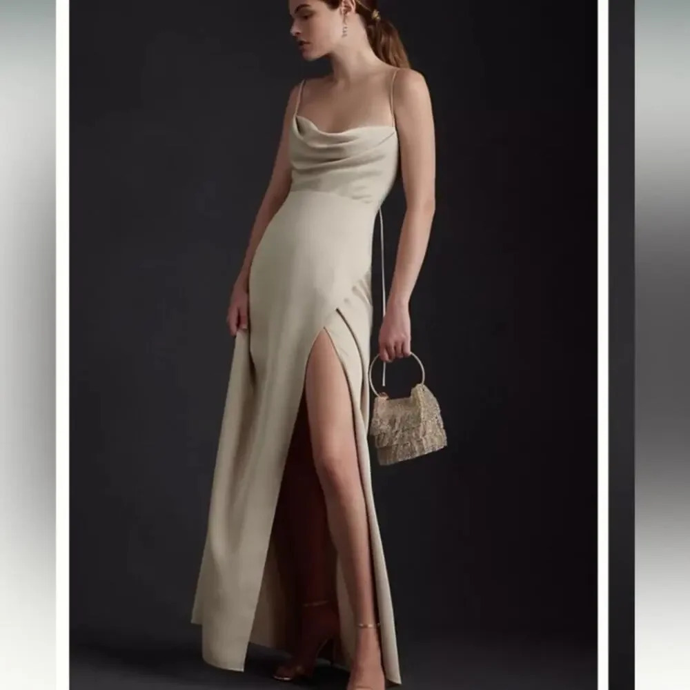 BHLDN Remy Cowl Neck Faux-Wrap Satin Gown Champagne 6‎
